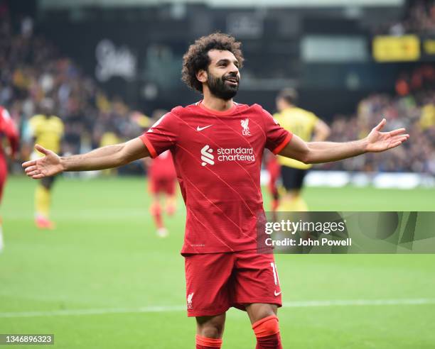 Mohamed Salah of Liverpool celebrates after scoring the fourth goal 0-4 during the Premier League match between Watford and Liverpool at Vicarage...