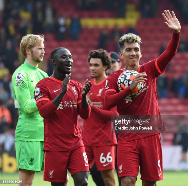 Roberto Firmino of Liverpool At the end of the Premier League match between Watford and Liverpool at Vicarage Road on October 16, 2021 in Watford,...