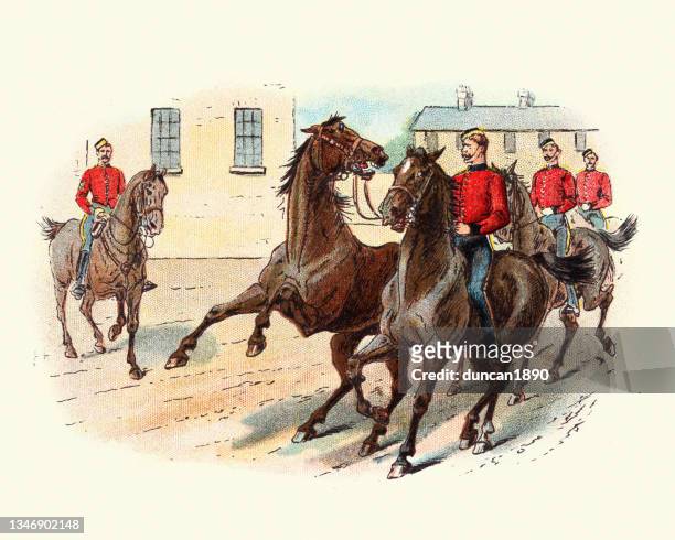 stockillustraties, clipart, cartoons en iconen met cavalry soldier with an unruly horse, victorian british military 19th century - cavalerie