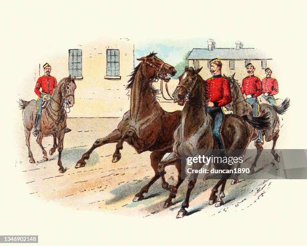 cavalry soldier with an unruly horse, victorian british military 19th century - horseguards stock illustrations