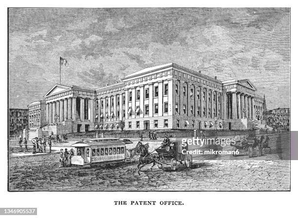 old engraved illustration of the patent office building, washington dc., united states - patenturkunde stock-fotos und bilder