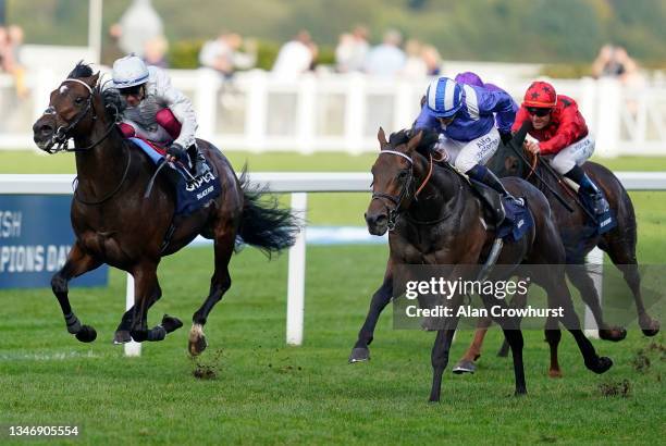 Jim Crowley riding Baaeed win The Queen Elizabeth II Stakes during the Qipco British Champions Day at Ascot Racecourse on October 16, 2021 in Ascot,...