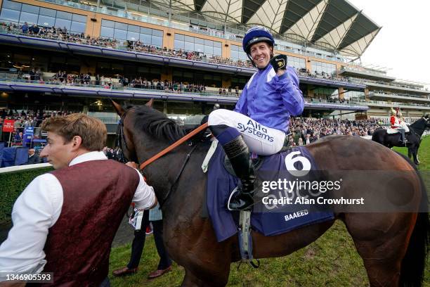 Jim Crowley riding Baaeed celebrate winning The Queen Elizabeth II Stakes during the Qipco British Champions Day at Ascot Racecourse on October 16,...