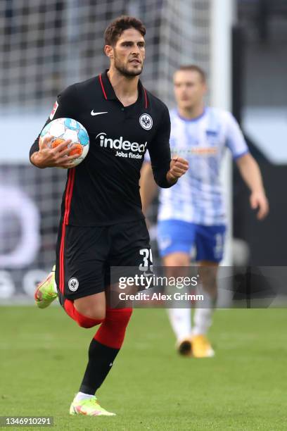 Goncalo Paciencia of Eintracht Frankfurt celebrates after scoring their team's first goal from the penalty spo during the Bundesliga match between...