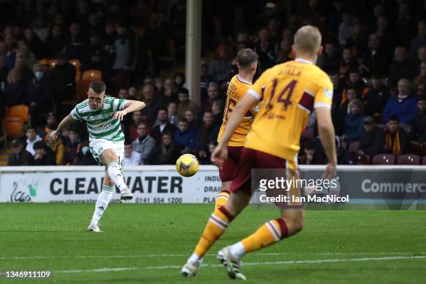 David Turnbull of Celtic scores their team's second goal during the Cinch Scottish Premiership match between Motherwell FC and Celtic FC at Fir Park...