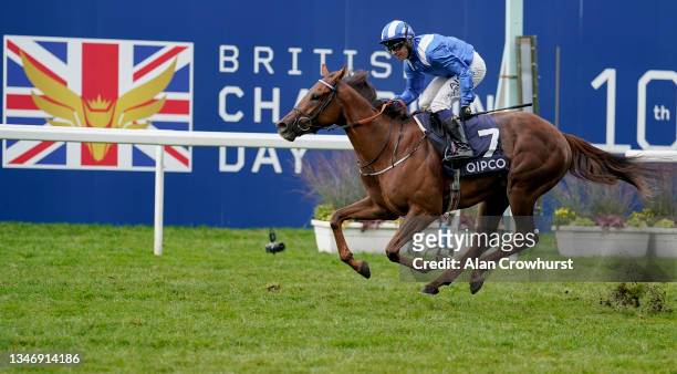 Jim Crowley riding Aldaary win The Balmoral Handicap Stakes during the Qipco British Champions Day at Ascot Racecourse on October 16, 2021 in Ascot,...