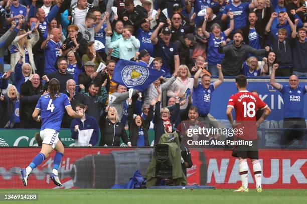 Caglar Soyuncu of Leicester City celebrates in front of the fans after scoring their side's second goal during the Premier League match between...