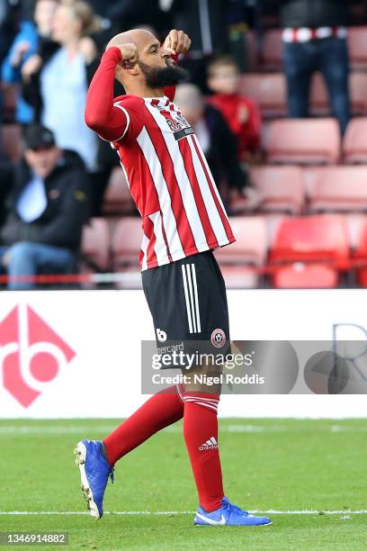 David McGoldrick of Sheffield United celebrates after scoring their team's second goal during the Sky Bet Championship match between Sheffield United...