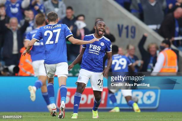 Ricardo Pereira of Leicester City celebrates after Patson Daka of Leicester City scores their side's fourth goal during the Premier League match...