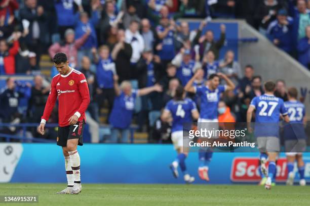 Cristiano Ronaldo of Manchester United reacts after their side concedes a fourth goal scored by Patson Daka of Leicester City during the Premier...