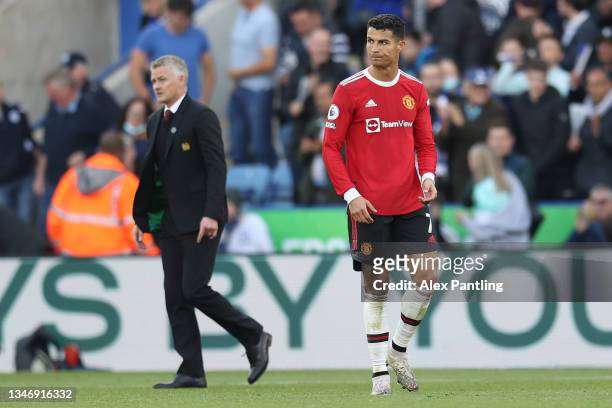 Cristiano Ronaldo of Manchester United reacts following their side's defeat in the Premier League match between Leicester City and Manchester United...