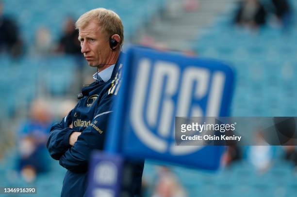 Leo Cullen, head coach of Leinster watches on prior to the United Rugby Championship match between Leinster and Scarlets at RDS Arena on October 16,...