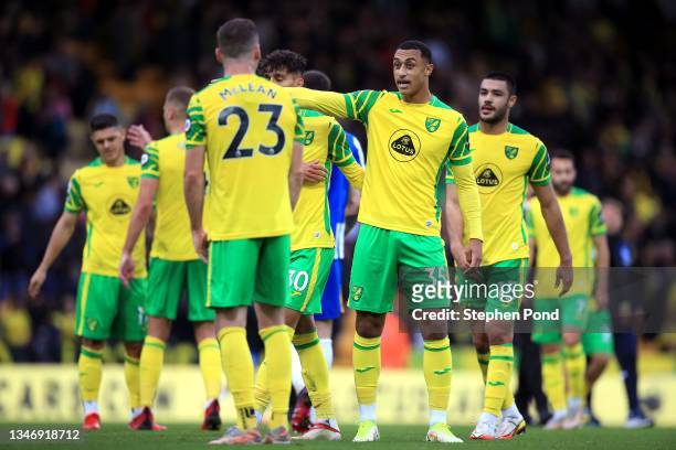 Adam Idah of Norwich City reacts during the Premier League match between Norwich City and Brighton & Hove Albion at Carrow Road on October 16, 2021...