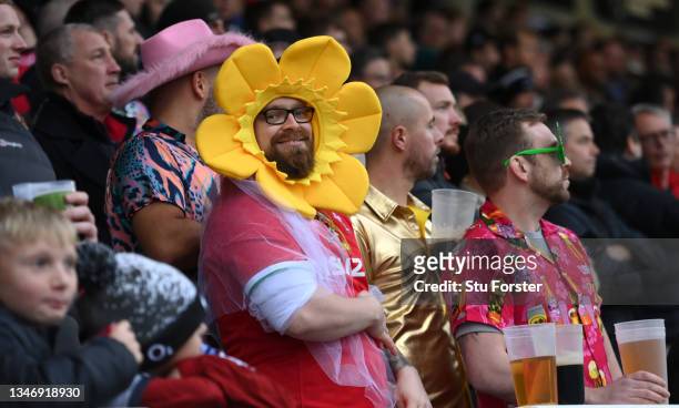 Fans in fancy dress enjoy themselves in the south stand during the Gallagher Premiership Rugby match between Newcastle Falcons and Bristol Bears at...
