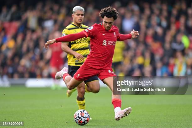 Trent Alexander-Arnold of Liverpool during the Premier League match between Watford and Liverpool at Vicarage Road on October 16, 2021 in Watford,...