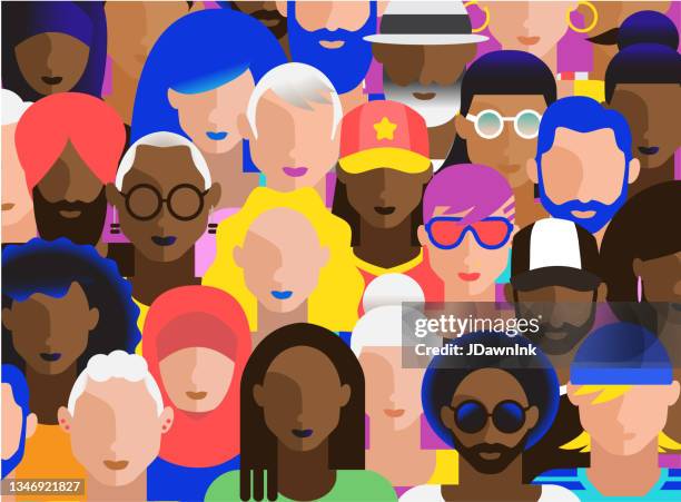 ilustrações de stock, clip art, desenhos animados e ícones de crowd of abstract diverse adult people in modern vibrant flat colors - community