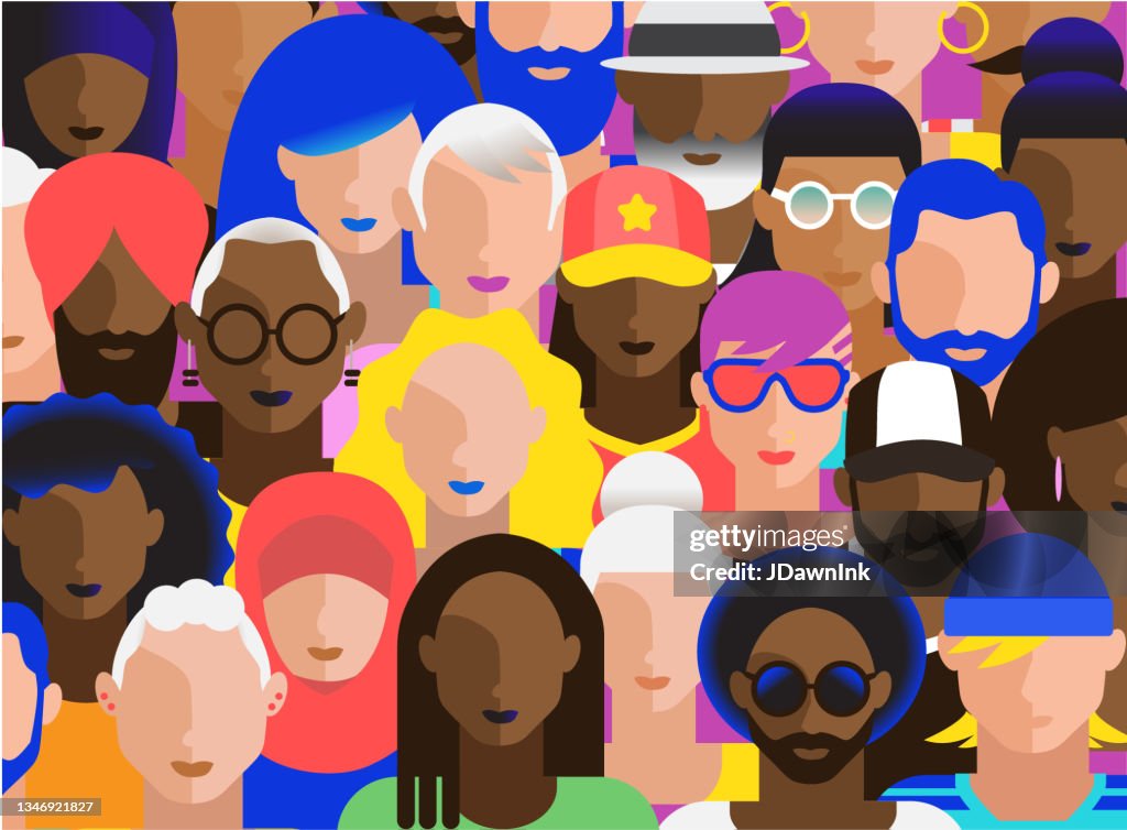 Crowd of abstract diverse adult people in modern vibrant flat colors