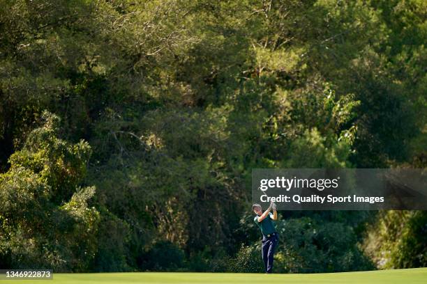 Raphael Jacquelin of France plays a shot during Day Three of The Estrella Damm N.A. Andalucia Masters at Real Club Valderrama on October 16, 2021 in...