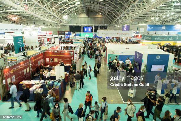 General view of the Turin International Book Fair on October 16, 2021 in Turin, Italy. The Turin International Book Fair returns to Lingotto Fiere...