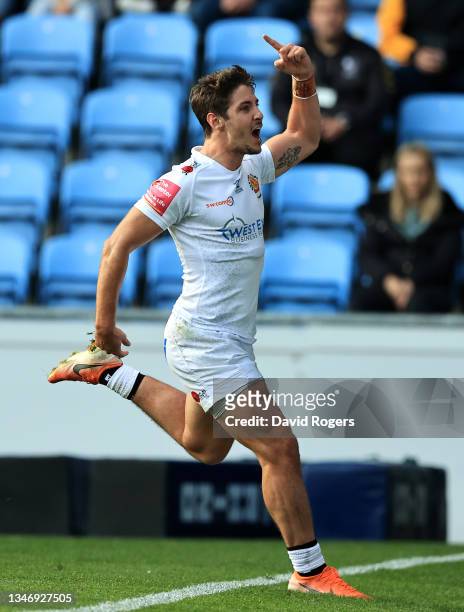 Facundo Cordero of Exeter Chiefs celebrates after scoring their second try during the Gallagher Premiership Rugby match between Wasps and Exeter...