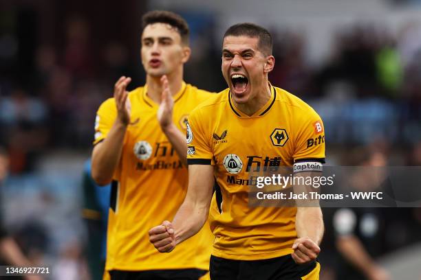 Conor Coady of Wolverhampton Wanderers celebrates victory following the Premier League match between Aston Villa and Wolverhampton Wanderers at Villa...