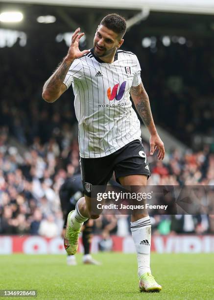 Aleksandar Mitrovic of Fulham celebrates after scoring their team's second goal during the Sky Bet Championship match between Fulham and Queens Park...