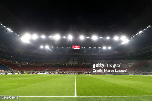 General view inside the stadium prior to the Serie A match between AC Milan and Hellas Verona FC at Stadio Giuseppe Meazza on October 16, 2021 in...