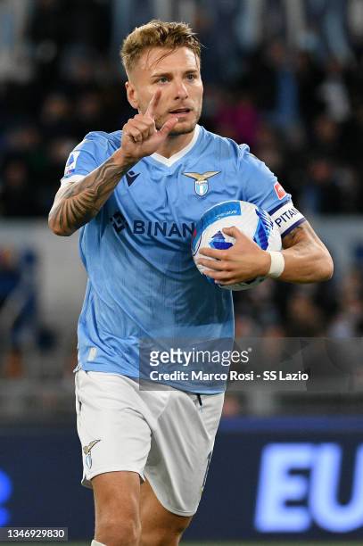 Ciro Immobile of SS Lazio celebrates a first goal, a penalty during the Serie A match between SS Lazio and FC Internazionale at Stadio Olimpico on...