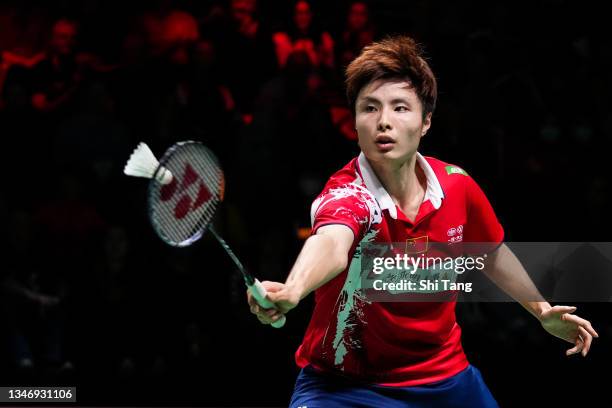 Shi Yuqi of China competes in the Thomas Cup Semi Finals Men's Single match against Kento Momota of Japan during day eight of the Thomas & Uber Cup...