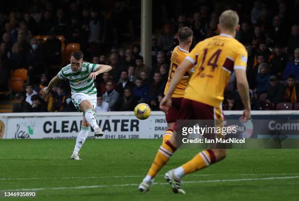 David Turnbull of Celtic scores his team's second goal during the Cinch Scottish Premiership match between Motherwell FC and Celtic FC at on October...