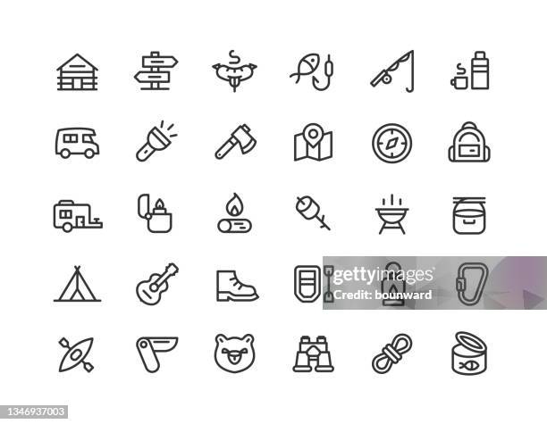 camping line icons editable stroke - backpack vector stock illustrations