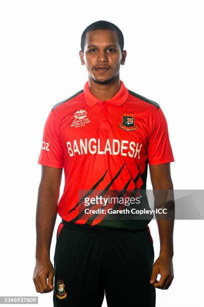 Mohammad Saifuddin of Bangladesh poses for a headshot prior to the ICC Men's T20 World Cup on October 13, 2021 in Abu Dhabi, United Arab Emirates.