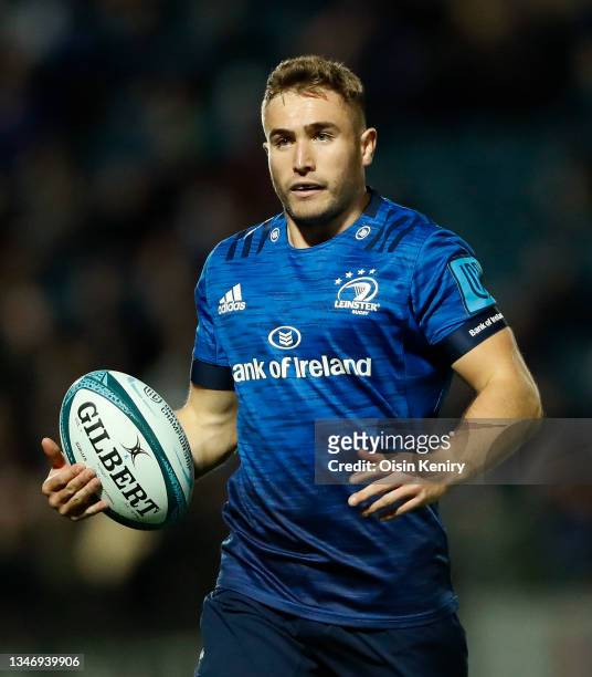 Jordan Larmour of Leinster during the United Rugby Championship match between Leinster and Scarlets at RDS Arena on October 16, 2021 in Dublin,...
