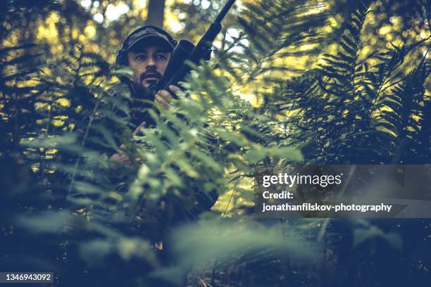 hunter with rifle stalking deer - stalking animal hunting stockfoto's en -beelden