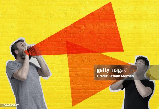 man and boy screaming on brickwall - noise pop stock pictures, royalty-free photos & images