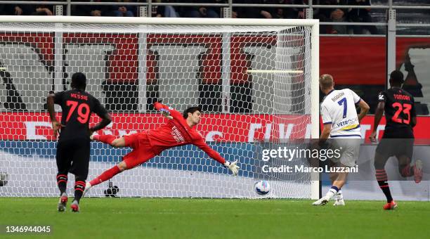 Antonin Barak of Hellas Verona scores their team's second goal during the Serie A match between AC Milan and Hellas Verona FC at Stadio Giuseppe...