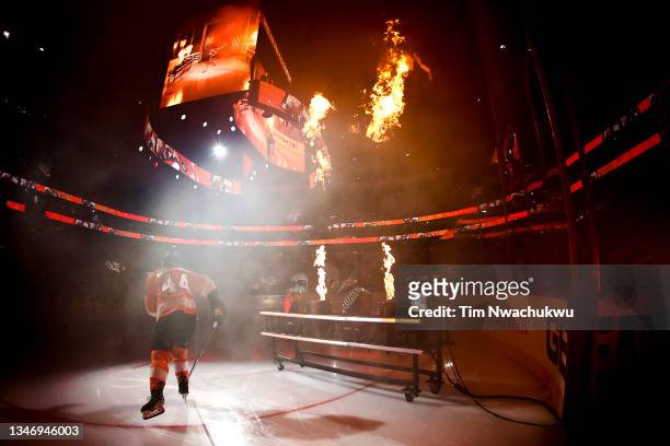 Nate Thompson of the Philadelphia Flyers takes the ice against the Vancouver Canucks at Wells Fargo Center on October 15, 2021 in Philadelphia,...