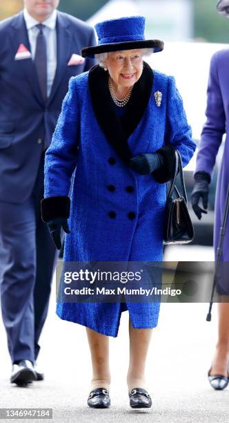 Queen Elizabeth II attends QIPCO British Champions Day at Ascot Racecourse on October 16, 2021 in Ascot, England.