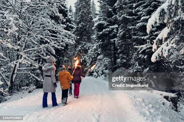 family walking in winter forest with torches - woman snow outside night stockfoto's en -beelden