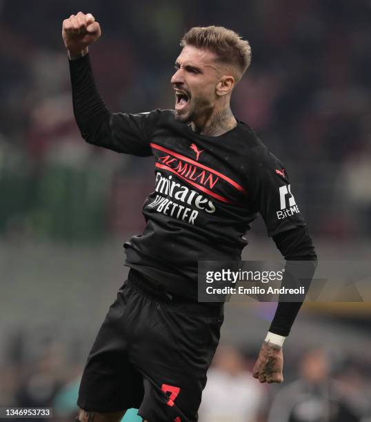 Samuel Castillejo of AC Milan celebrates during the Serie A match between AC Milan and Hellas Verona FC at Stadio Giuseppe Meazza on October 16, 2021...