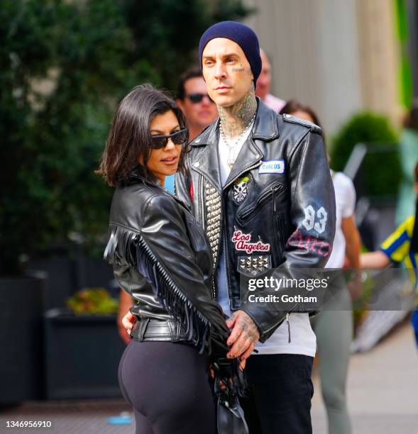 Kourtney Kardashian and Travis Barker are seen on October 16, 2021 in New York City.