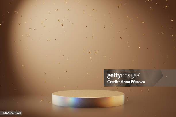 metallic chroma podium for product demonstration. three  dimensional stage with creative background. front view. creative trendy concept of the year. - pedestal fotografías e imágenes de stock