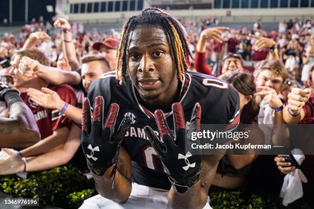 Tight end Jaheim Bell of the South Carolina Gamecocks celebrates with fans their game against the Vanderbilt Commodores at Williams-Brice Stadium on...