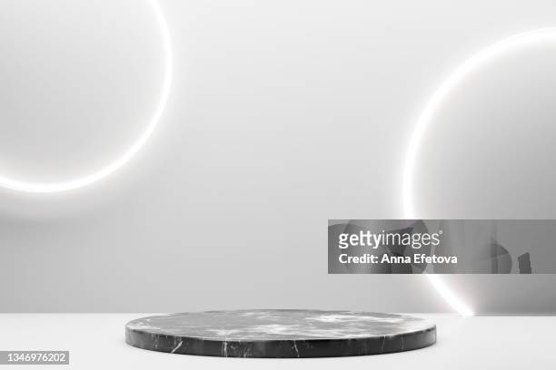 podium for product demonstration. three  dimensional stage on creative background with neon lights. front view. creative trendy concept of the year. - marble effect fotografías e imágenes de stock