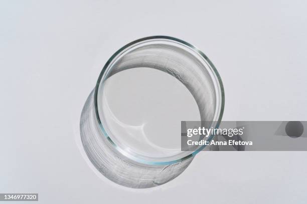 empty petri dish on gray background. concept of laboratory researches. photography in flat lay style - boîte de pétri photos et images de collection
