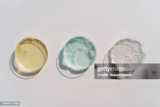 three petri dishes with face serums or gels containing polyglutamic acid - new hyaluronic acid. concept of cosmetics laboratory researches. photography in flat lay style with copy space - ha stock pictures, royalty-free photos & images