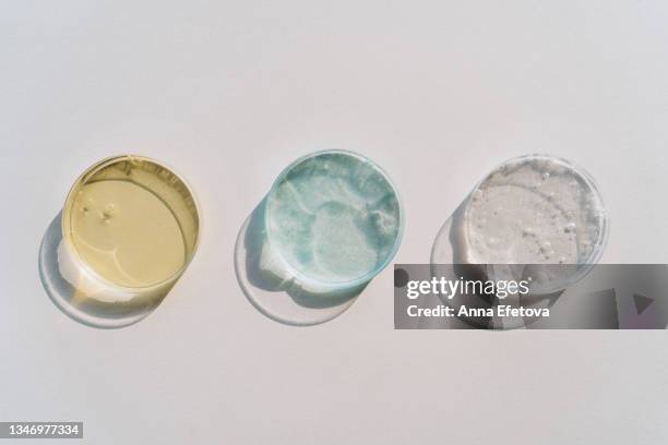 three petri dishes with face serums or gels containing polyglutamic acid - new hyaluronic acid. concept of cosmetics laboratory researches. photography in flat lay style with copy space - ácido hialurónico imagens e fotografias de stock