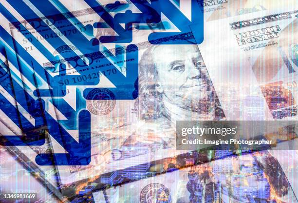 double exposure, arrow down on dollar elements of city-center. concept dollar bill problem, business market crisis, currency exchange. - government spending stock pictures, royalty-free photos & images