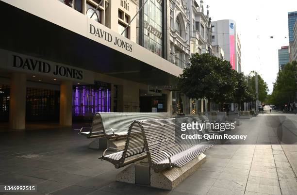 An empty Bourke Street Mall is seen on October 17, 2021 in Melbourne, Australia. Premier Andrews announced that Victoria's Lockdown will end at...