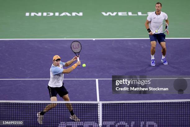 John Peers of Australia and Filip Polasek of Slovakia play Aslan Karatsev and Andrey Rublev of Russia during during the doubles final of the BNP...